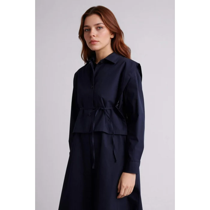 Defacto F7382AXNV243 Lacivert Hakim Yaka Poplin Uzun Kollu Elbise