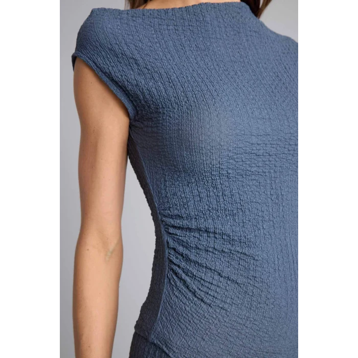 Defacto H0557AXIN247 İndigo Slım Fıt Tek Omuzlu Bürümcük Tişört