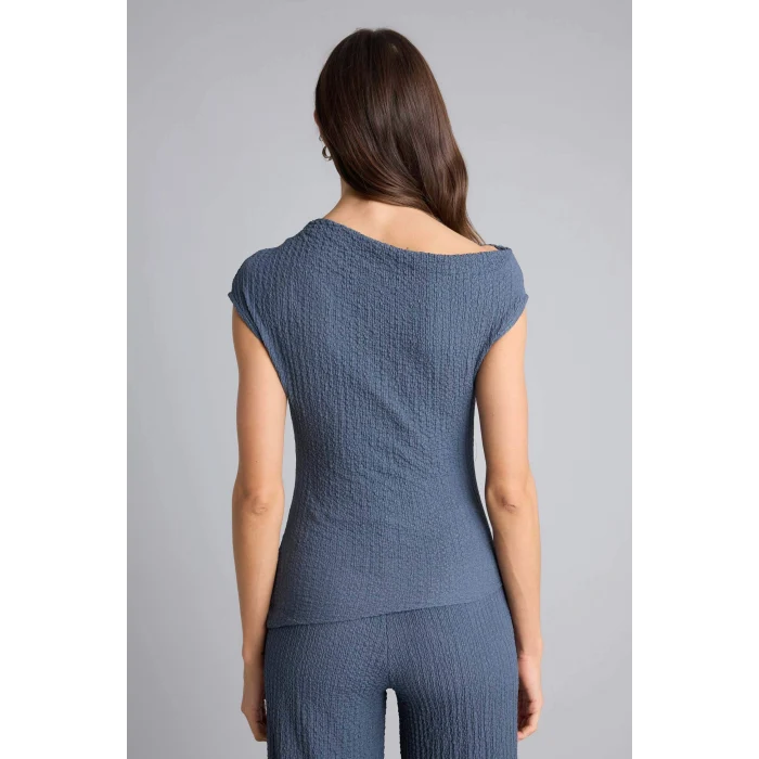 Defacto H0557AXIN247 İndigo Slım Fıt Tek Omuzlu Bürümcük Tişört