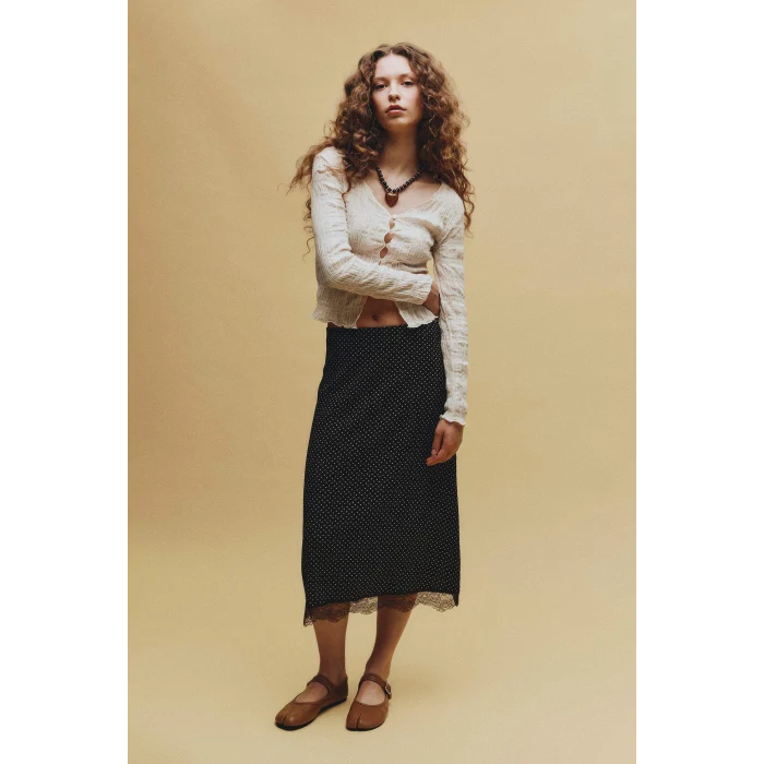 Defacto H0800AXBN267 Kahve Kalem Puantiyeli Normal Bel Bürümcük Midi Etek