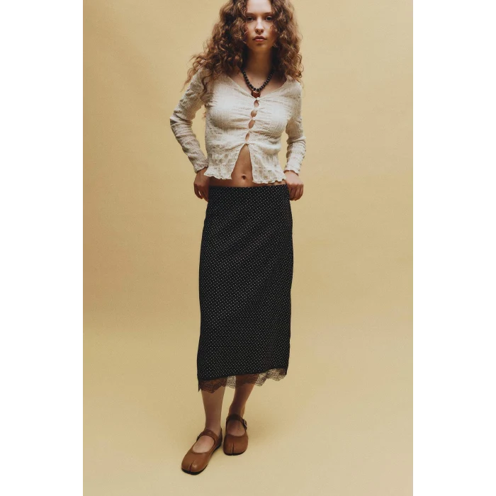 Defacto H0800AXBN267 Kahve Kalem Puantiyeli Normal Bel Bürümcük Midi Etek