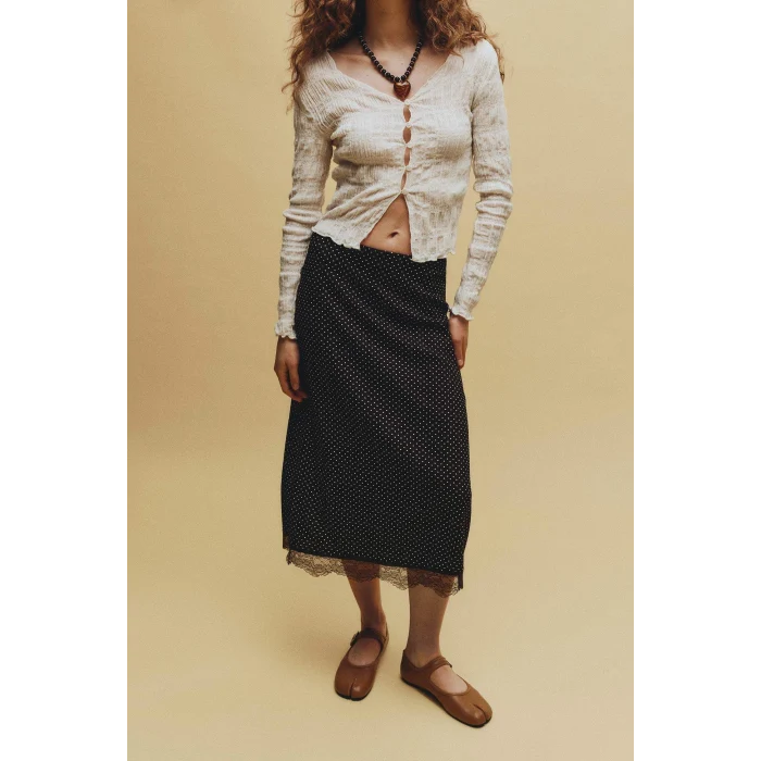 Defacto H0800AXBN267 Kahve Kalem Puantiyeli Normal Bel Bürümcük Midi Etek