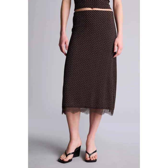 Defacto H0800AXBN267 Kahve Kalem Puantiyeli Normal Bel Bürümcük Midi Etek