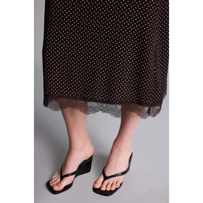 Defacto H0800AXBN267 Kahve Kalem Puantiyeli Normal Bel Bürümcük Midi Etek