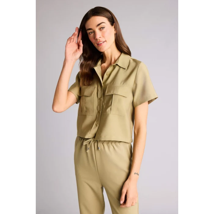 Defacto C4784AXKH176 Haki Cropped Fıt Akışkan Kumaş Gömlek