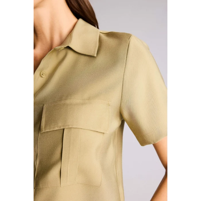 Defacto C4784AXKH176 Haki Cropped Fıt Akışkan Kumaş Gömlek