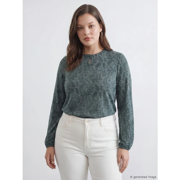 LCW Grace Yeşil Fırfırlı Dik Yaka Desenli Bluz