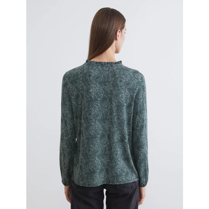LCW Grace Yeşil Fırfırlı Dik Yaka Desenli Bluz