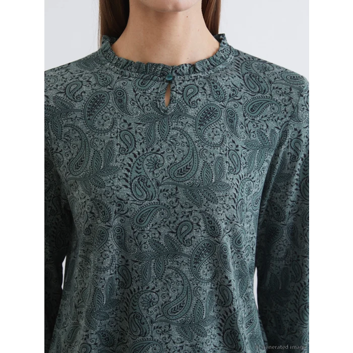 LCW Grace Yeşil Fırfırlı Dik Yaka Desenli Bluz