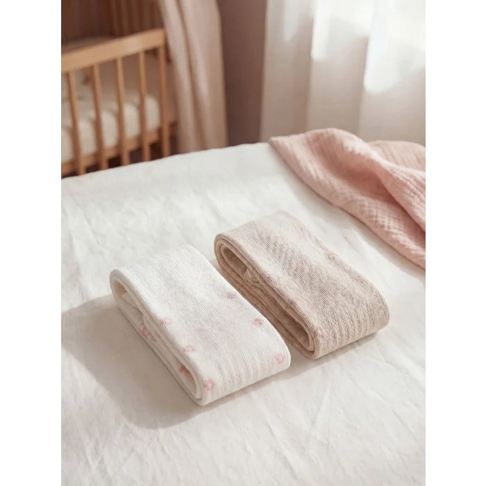 LCW baby Ekru Çiçek Desenli Kız Bebek Külotlu Çorap 2li