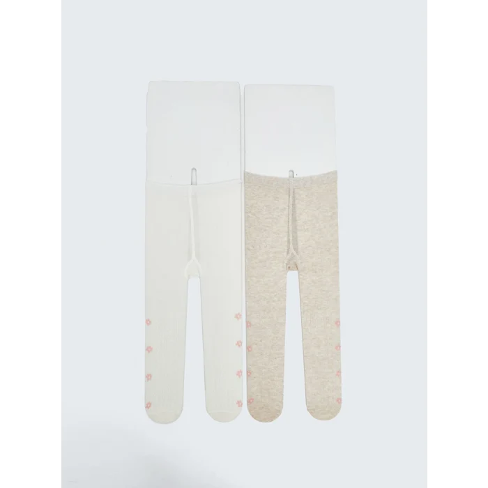 LCW baby Ekru Çiçek Desenli Kız Bebek Külotlu Çorap 2li