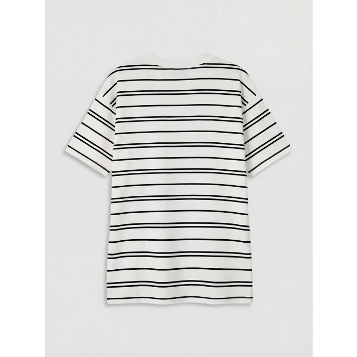 LCW Kids Ekru Bisiklet Yaka Çizgili Erkek Çocuk Tişört