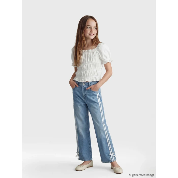 LCW Kids Mavi Wideleg Fiyonklu Kız Çocuk Jean Pantolon