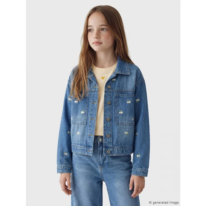 LCW Kids İndigo Çiçekli Kız Çocuk Jean Ceket