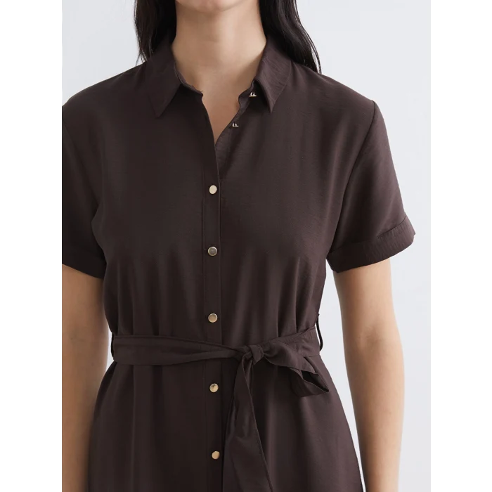 LCW Comfort Kahverengi Beli Kuşaklı Gömlek Elbise