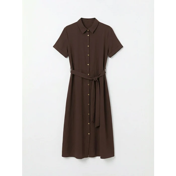 LCW Comfort Kahverengi Beli Kuşaklı Gömlek Elbise
