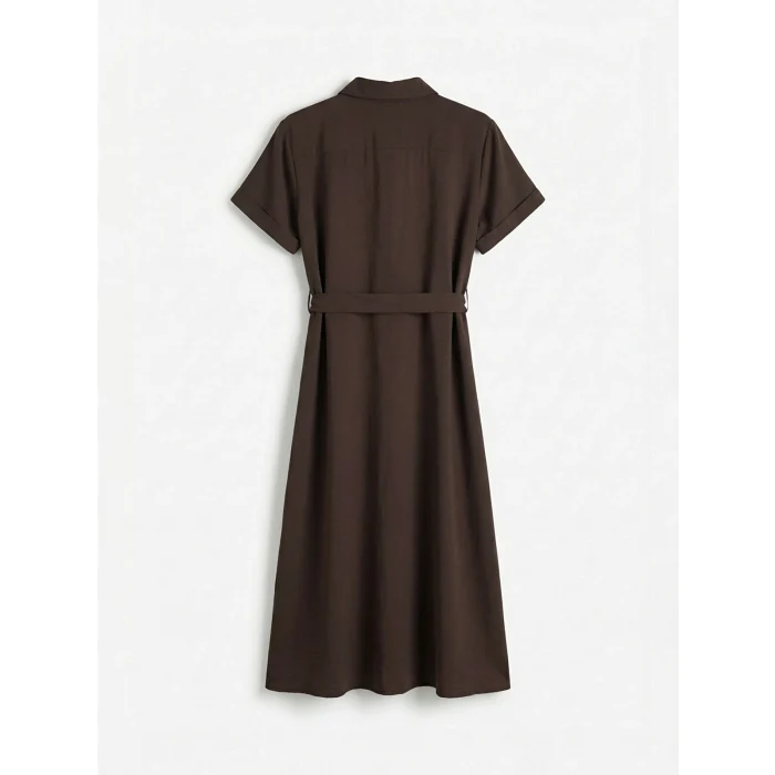 LCW Comfort Kahverengi Beli Kuşaklı Gömlek Elbise