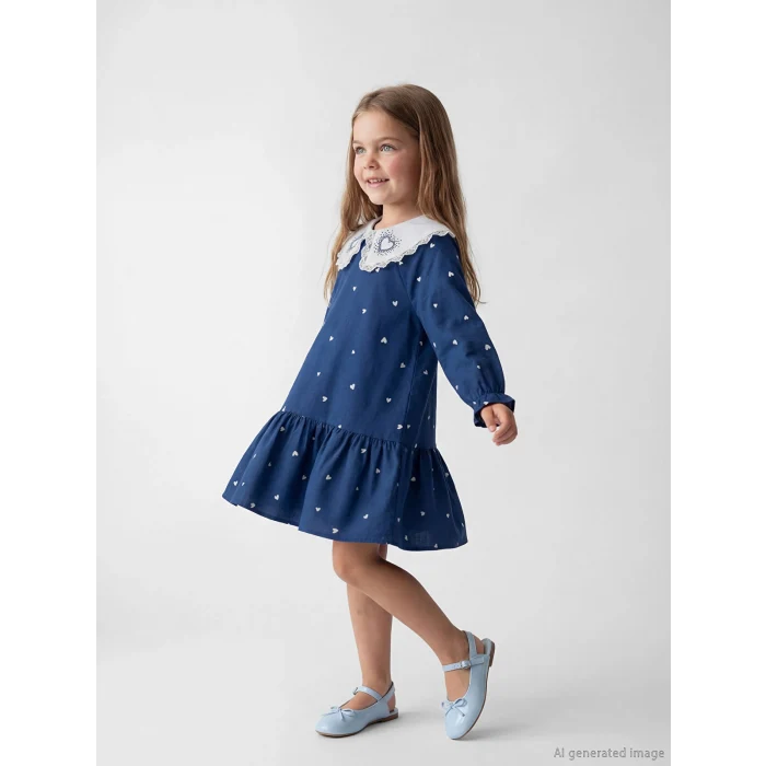 LCW Kids Lacivert Bebe Yaka Taşlı Kız Çocuk Fırfırlı Elbise