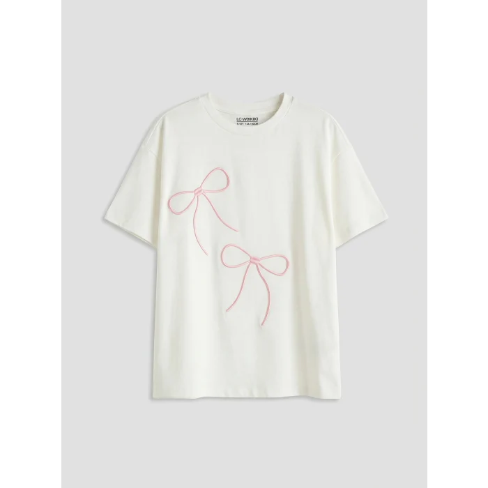 LCW Kids Ekru Bisiklet Yaka Fiyonk Nakışlı Kız Çocuk Tişört