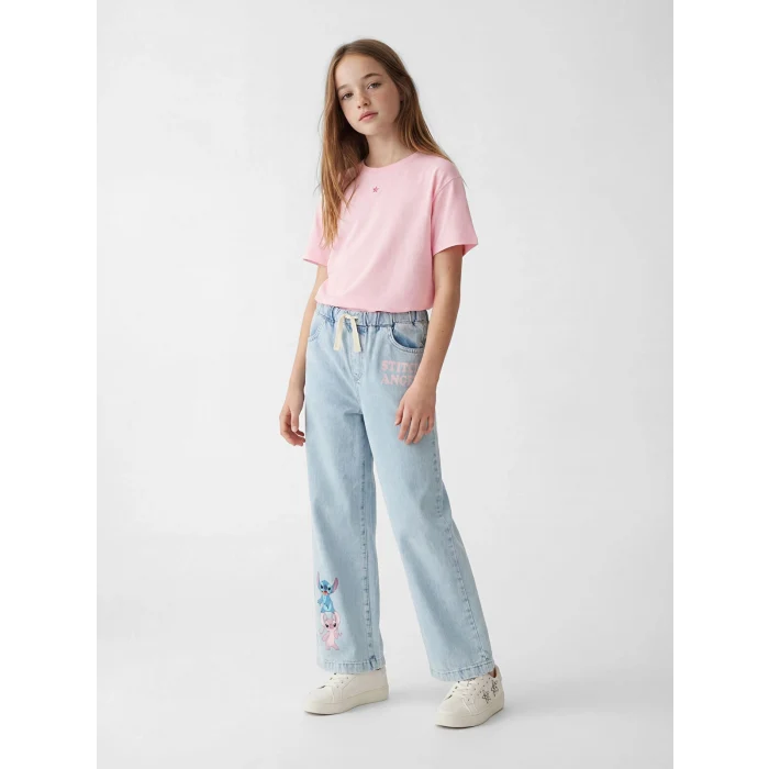 LCW Kids Mavi Wideleg Stitch Baskılı Kız Çocuk Jean Pantolon