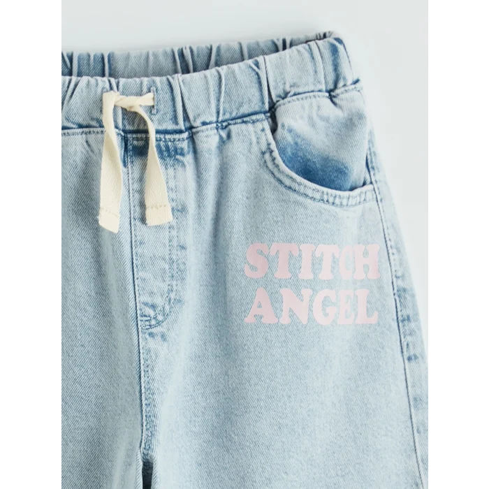 LCW Kids Mavi Wideleg Stitch Baskılı Kız Çocuk Jean Pantolon