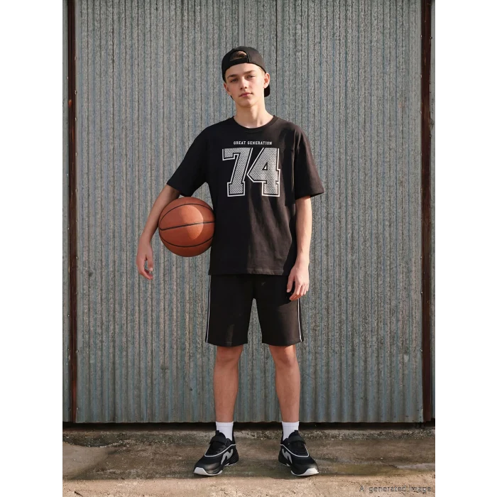 LCW Kids Siyah Bisiklet Yaka Baskılı Erkek Çocuk Tişört ve Şort