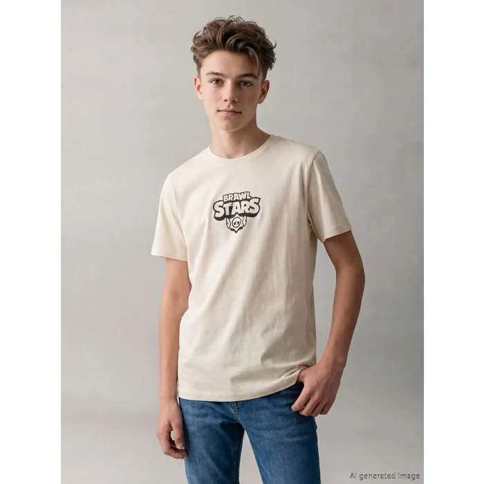 LCW Kids Bej Bisiklet Yaka Brawl Stars Baskılı Erkek Çocuk Tişört