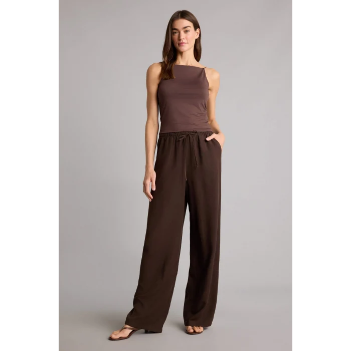 Defacto F5024AXBN528 Kahve Wıde Leg Cepli Yüksek Bel Standart Boy Keten Karışımlı Pantolon