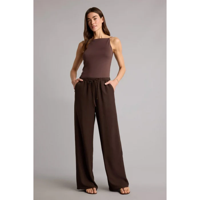 Defacto F5024AXBN528 Kahve Wıde Leg Cepli Yüksek Bel Standart Boy Keten Karışımlı Pantolon