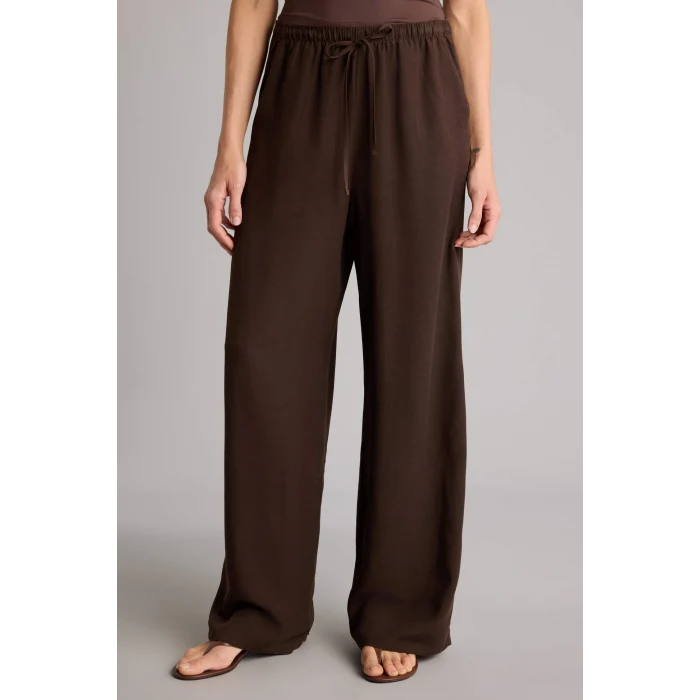 Defacto F5024AXBN528 Kahve Wıde Leg Cepli Yüksek Bel Standart Boy Keten Karışımlı Pantolon