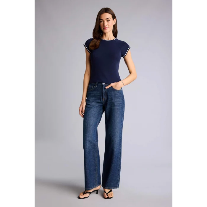 Defacto H4287AXNV251 Lacivert Regular Fıt Bisiklet Yaka Basıc Düz Ribana Kısa Kollu Tişört