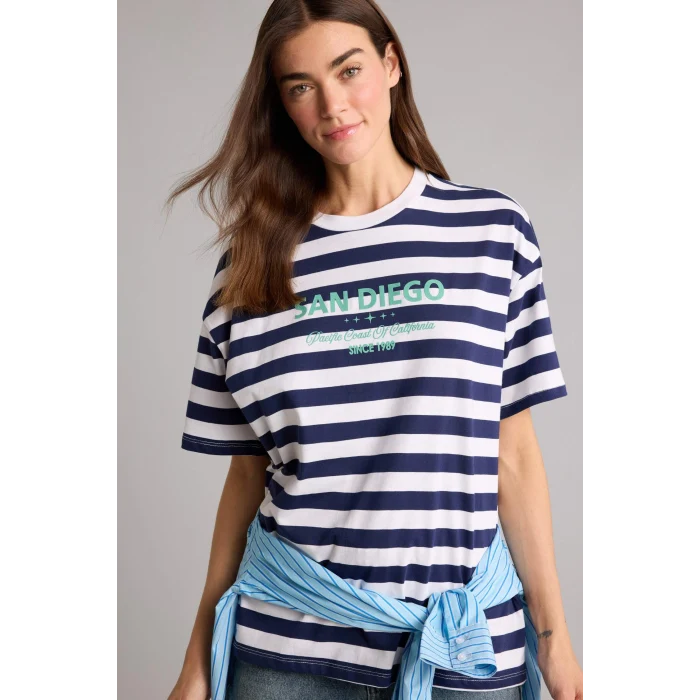 Defacto H2359AXER105 Ekru Oversıze Çizgili Tişört