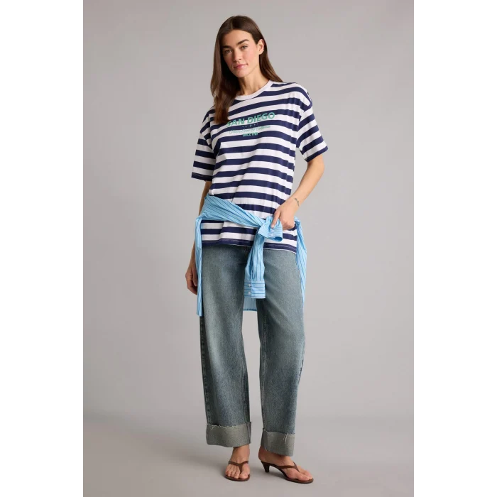 Defacto H2359AXER105 Ekru Oversıze Çizgili Tişört