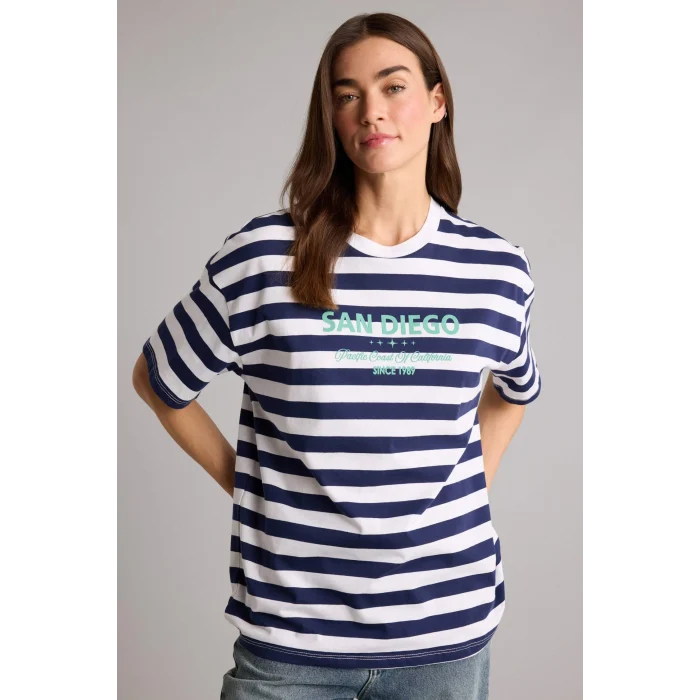 Defacto H2359AXER105 Ekru Oversıze Çizgili Tişört