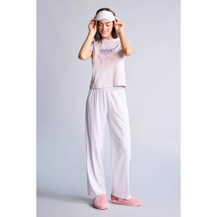 Defacto H2022AXPN425 Pembe Pijama Takımı Baskılı Üst Alt