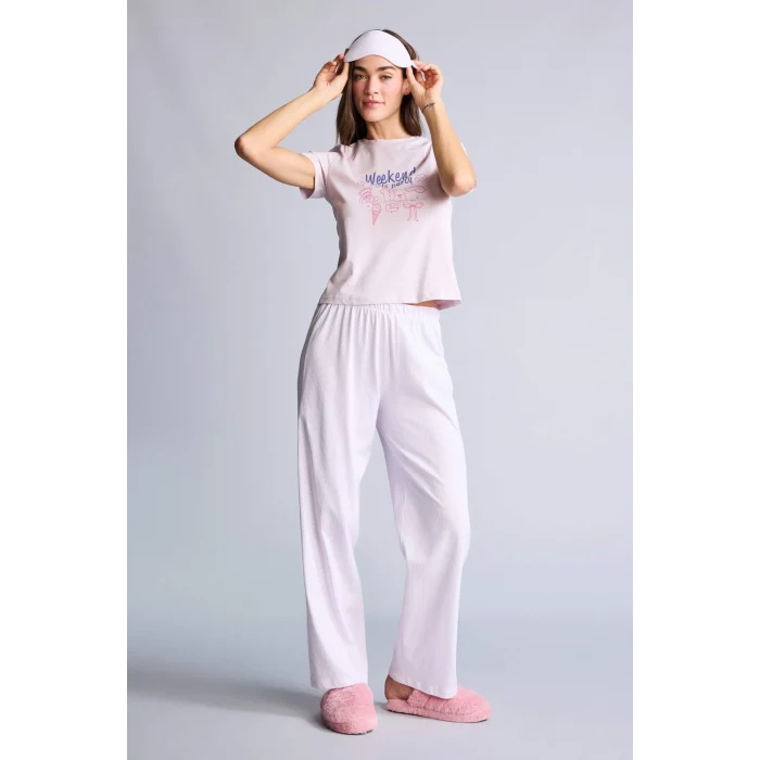 Defacto H2022AXPN425 Pembe Pijama Takımı Baskılı Üst Alt