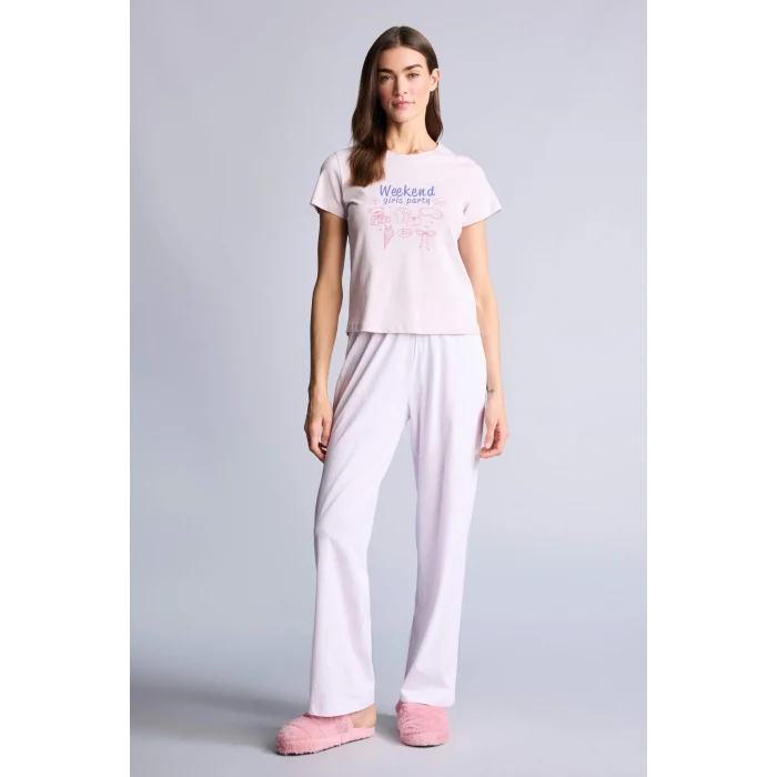 Defacto H2022AXPN425 Pembe Pijama Takımı Baskılı Üst Alt