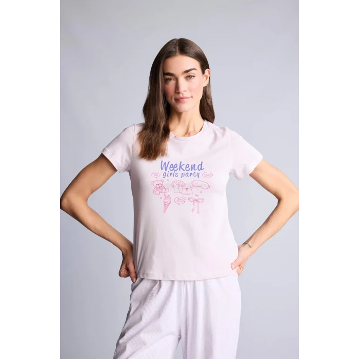 Defacto H2022AXPN425 Pembe Pijama Takımı Baskılı Üst Alt