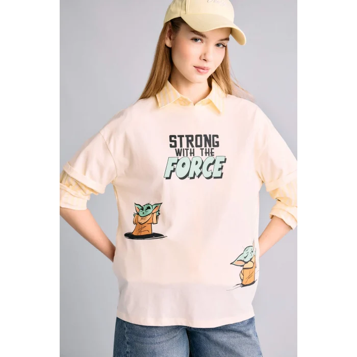 Defacto H0268AXER103 Ekru Star Wars Oversıze Sırt Baskılı Tişört