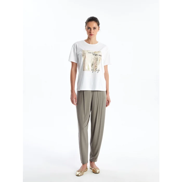 LCW Vision Beyaz Bisiklet Yaka Baskılı Kısa Kollu Kadın Tişört