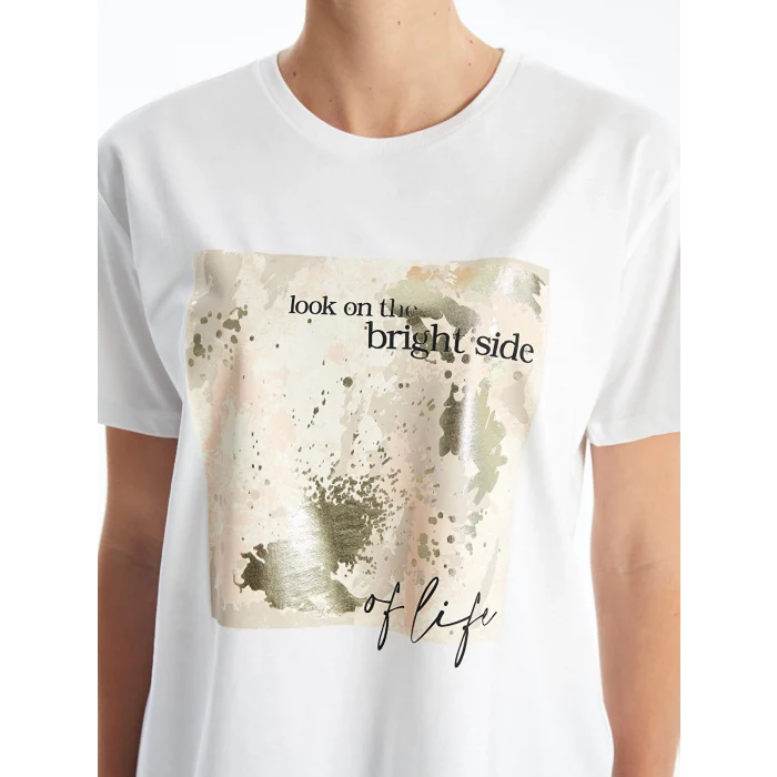 LCW Vision Beyaz Bisiklet Yaka Baskılı Kısa Kollu Kadın Tişört