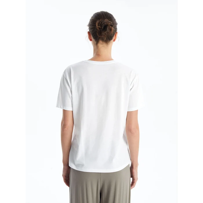 LCW Vision Beyaz Bisiklet Yaka Baskılı Kısa Kollu Kadın Tişört