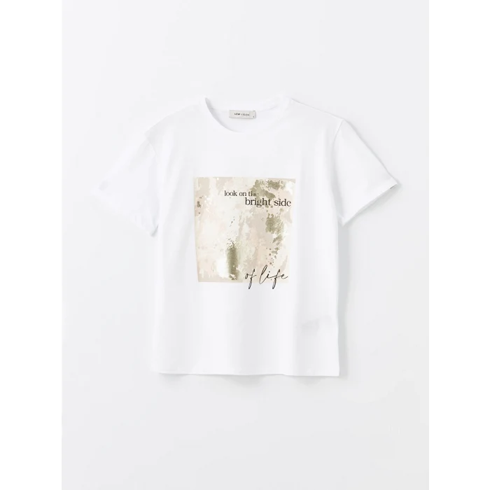 LCW Vision Beyaz Bisiklet Yaka Baskılı Kısa Kollu Kadın Tişört