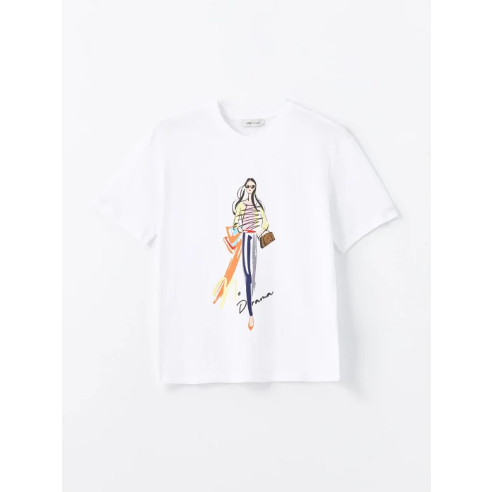 LCW Vision Beyaz Bisiklet Yaka Baskılı Kısa Kollu Oversize Kadın Tişört