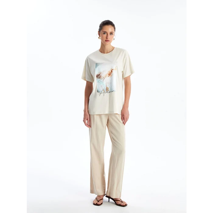 LCW Vision Bej Bisiklet Yaka Baskılı Kısa Kollu Kadın Tişört