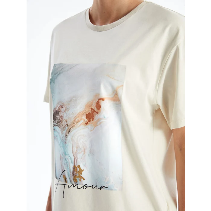 LCW Vision Bej Bisiklet Yaka Baskılı Kısa Kollu Kadın Tişört