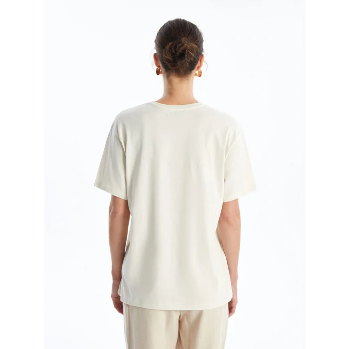 LCW Vision Bej Bisiklet Yaka Baskılı Kısa Kollu Kadın Tişört