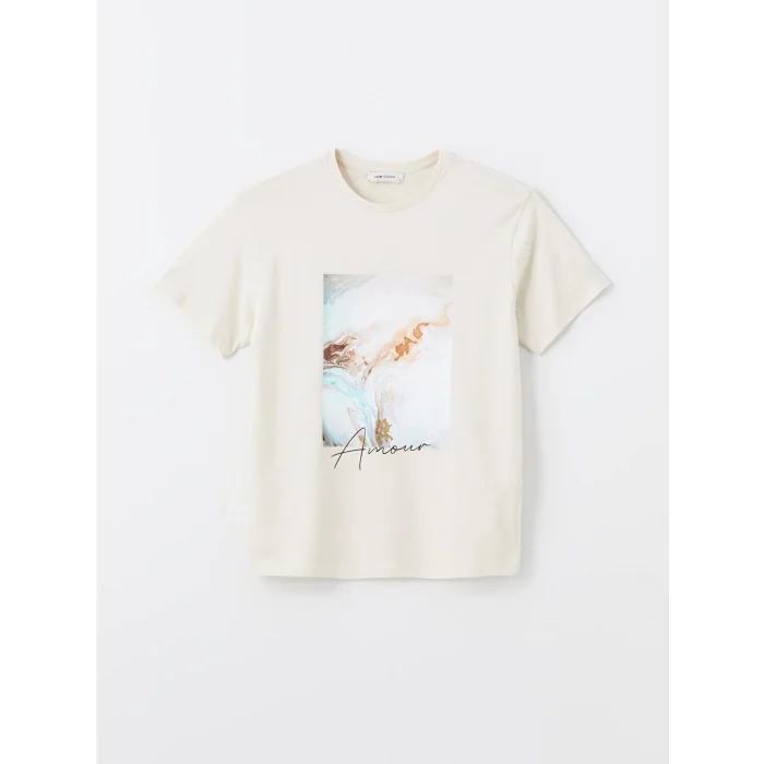 LCW Vision Bej Bisiklet Yaka Baskılı Kısa Kollu Kadın Tişört