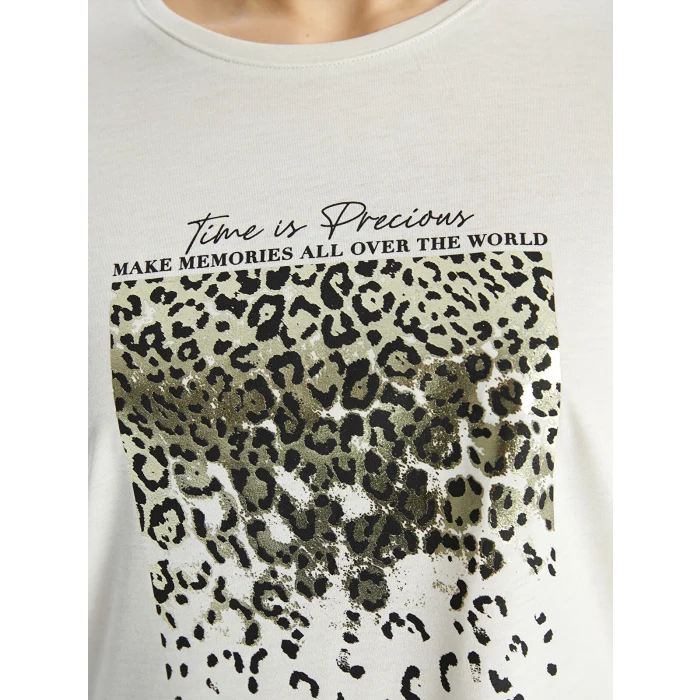 LCWAIKIKI Basic Bej Bisiklet Yaka Baskılı Kısa Kollu Kadın Tişört