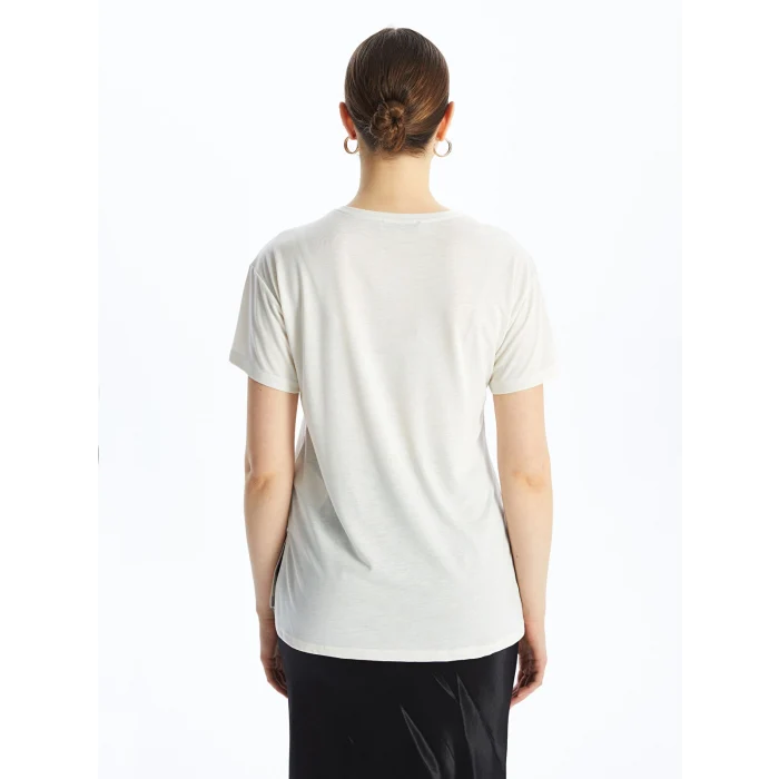 LCWAIKIKI Basic Bej Bisiklet Yaka Baskılı Kısa Kollu Kadın Tişört